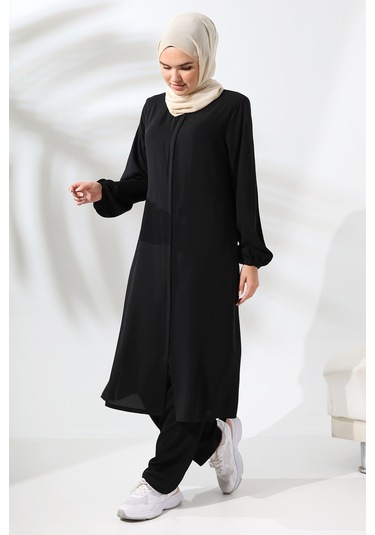 Kadın Medine İpeği Hac Umre Kıyafeti Tesettür İkili Takım - Siyah Siyah