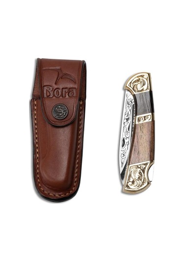 Bora 201 Orta Boy Yuvarlak Uçlu Wenge-Gül Saplı Gravürlü Çakı Kahverengi