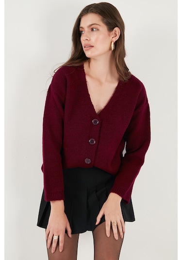 Lela Regular Fit V Yaka Düğmeli Triko Bayan Hırka 4616229 Bordo