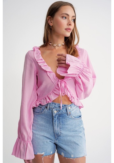 4712 Kadın Volanlı Modal Bolero Bluz Pembe Pembe