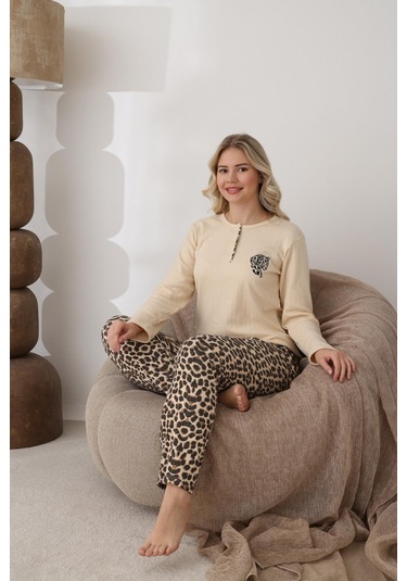 Lindros Kadın Pamuk'lu Düğme Yaka Raporlu İnterlok Kışlık Pijama Takımı 06043 - 1 Adet Ekru