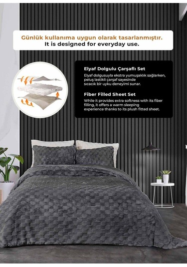 Kürk Yatak Örtüsü Yorgan Uyku Seti Tek Kişilik Çarşaflı Peluş Yumuşak Dolgulu Rody 3 Parça Antrasit