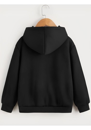 Moda Assema Çocuk Unisex Kapüşonlu Tatlı Kedi Baskılı Sweatshirt - Siyah Çok Renkli