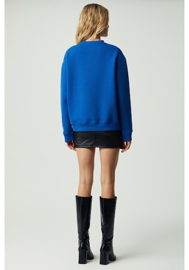 GRIMELANGE Vaneltına Kadın Organik Pamuklu Yumuşacık İçi Polarlı Yuvarlak Yakalı Parlament Mavi Swea Parlament Mavisi