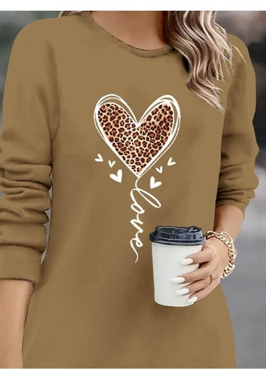 Kadın Uzun Kollu Bisiklet Yaka Kalp Desenli Kısa Viskon Elbise Bej