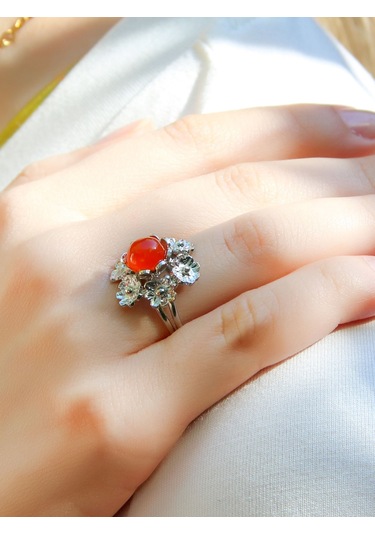 Esha Store Doğal Taş Akik Doğal Taşlı Çiçek Model Telkari Kadın Ayarlanabilir Gümüş Kaplama Yüzük Euy61ar Kırmızı