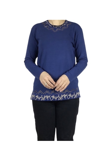 Kadın Yaka Ve Etek Desenli Taşlı Likralı Bluz-arpbattal2 Mavi