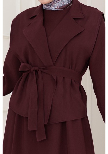 Tensel Yelekli Asel Elbise-bordo-5042 Bordo