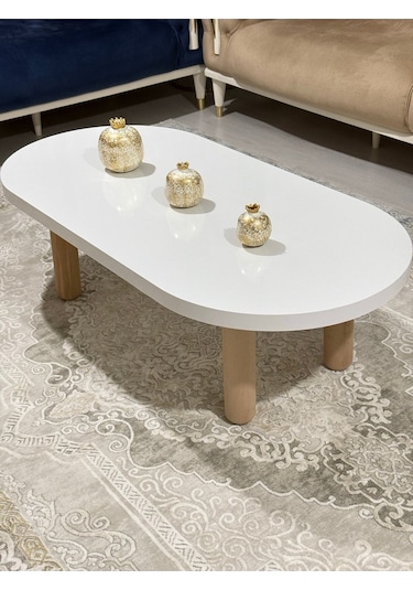 Oval Model 120x60 Cm Kalın Kenarlı Orta Sehpa Ahşap Ayaklı Beyaz