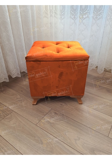 Lüks Sandıklı Tabure Puf 45 X 45 Cm Ceviz Ayak Turuncu