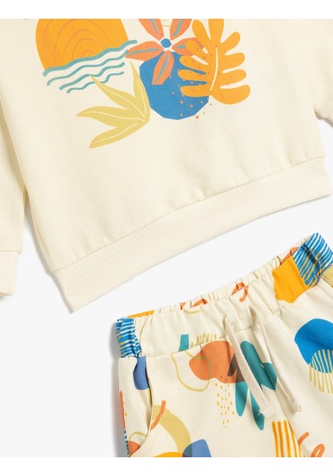 Koton Pamuklu Baskı Detaylı Şort Ve Sweatshirt Set Bej 5smb10002tk Ekru