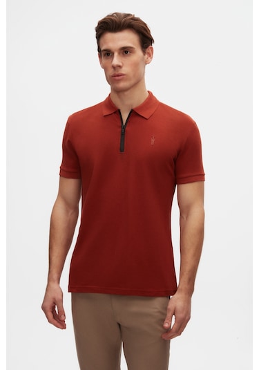 Twn Slim Fit Kiremit Pike Dokulu Yarım Fermuarlı Polo Yaka T-shirt 4ec14ortfrplo KIREMIT