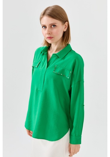 Kadın Polo Yaka Cepli Bluz Yeşil Yeşil