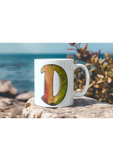 D Harf Yaprak Renkleri İle Kupa Bardak - Kişiye Özel Alfabe Harfli Bardak - Hediye Beyaz
