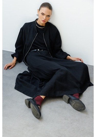 Mizalle Modal Karışımlı Siyah Beli Lastikli Maksi Etek Siyah