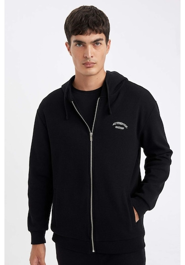 DeFacto Siyah Relax Fit Kapüşonlu Waffle Baskılı Cepli Fermuarlı Sweatshirt D2629AX24AUBK81 DeFacto Siyah Relax Fit Kapüşonlu Waffle Baskılı Cepli Fermuarlı Sweatshirt D2629AX24AUBK81