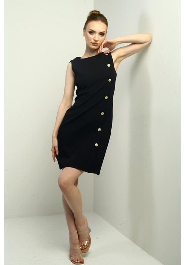 Kadın Kendinden Telalı Yan Düğmeli Kısa Elbise-40772 Siyah