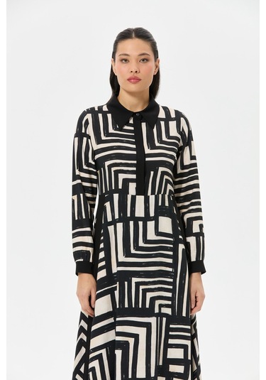 Geometrik Desenli Siyah-bej Vual Elbise Siyah Siyah