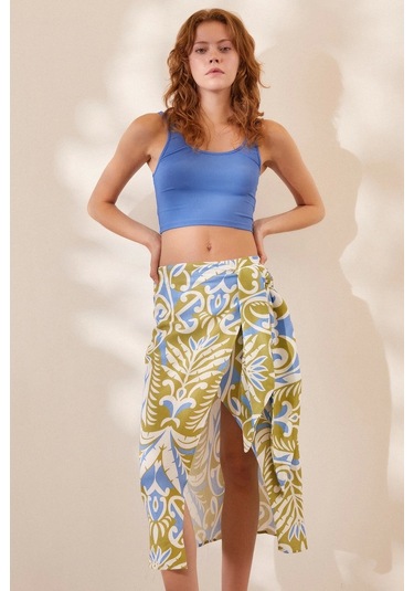 Never More Yırtmaçlı Desen Etek Mavi