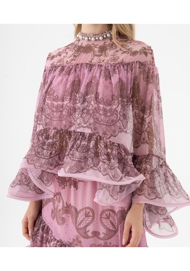 Dantel Desenli Katlı Şifon Volanlı Bluz Mor
