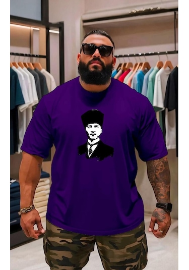 Atatürk Baskılı Oversize Unisex Tişört Mor