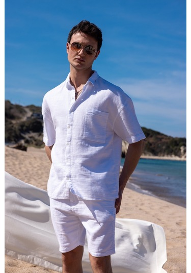 Keten Kumaş Beyaz Renk Cep Detaylı Gömlek Şort Erkek Takım-1733 Beyaz