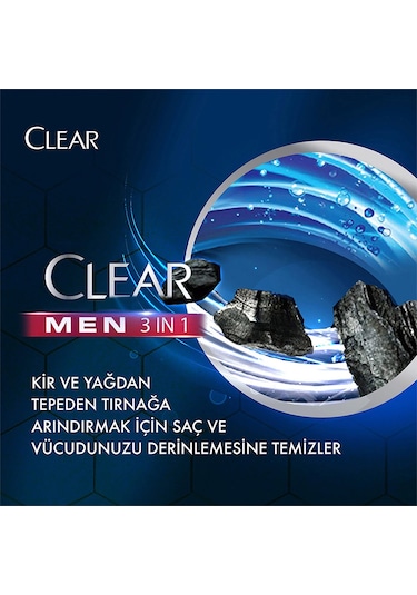 Clear Men Arındırıcı Kömür 3'ü 1 Arada Şampuan ve Duş Jeli 3 x 350 ML