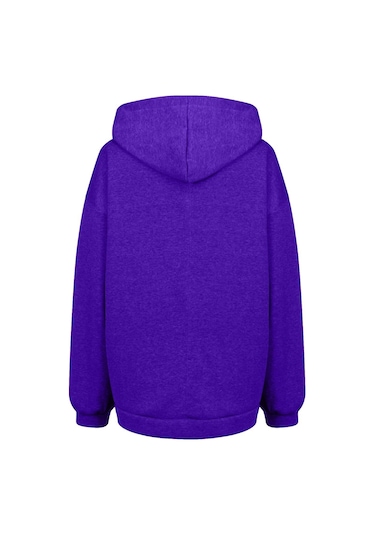 Kadın Günlük Gevşek Uzun Kollu Fermuar Kapşonlu Uzun Yastıklı Kazak Ceket Mor