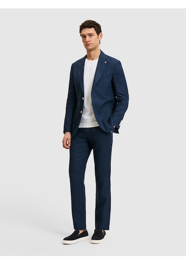 Cacharel Lacivert Slim Fit %100 Keten Mikro Desen Mono Yaka Ceket
