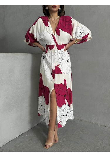 Kadın Kruvaze Yaka Yırtmaçlı Uzun Yazlık Elbise Fuşya - Beyaz
