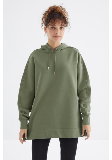 Tommy Life Çağla Reglan Kol Basic Kapüşonlu Oversize Sweatshirt Tunik - 97242 Çağla