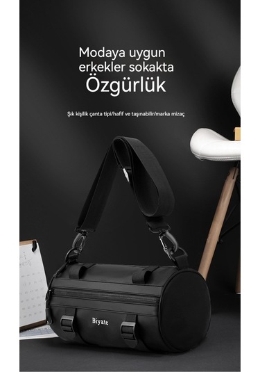 Erkekler İçin Şık Ve Fonksiyonel Tek Omuz Çanta - Hong Kong Tarzı Silindir Formda Messenger Çanta, Trend Desenli Ve Dayanıklı Film Kaplama, Spor Ve Günlük Kullanım İçin Pratik Göğüs Çantası Siyah