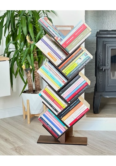 Mk10 - Geometrik 8 Raflı Ağaç Kitaplık Ceviz