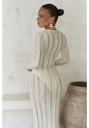 Anandra Boncuk Detay Bej Triko Uzun Elbise Bej