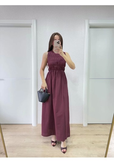 Kolsuz Göğüs Lastıklı %100 Poplin Uzun Elbise - Bordo Bordo