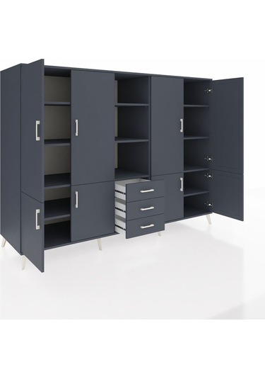 Kronos Dolap 11 Raflı 3 Çekmeceli 8 Kapaklı 220x59x163 Antrasit-a Antrasit-antrasit