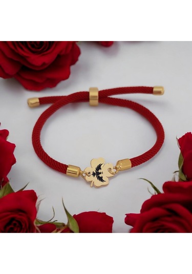 Örgü İplili 14 Ayar Altın Plakalı Çiçek Figürlü Kartal Sembollü Hediye Bileklik-324sembol-kırmızı Altın