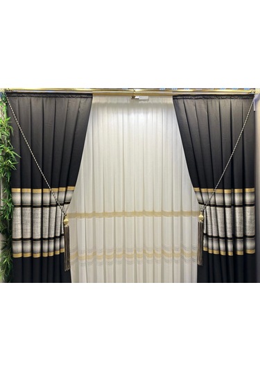 Nivemeshome Melanezya Siyah- Gold Şeritli 1/3 Sık Pileli Fon Perde Apm Siyah- Gold
