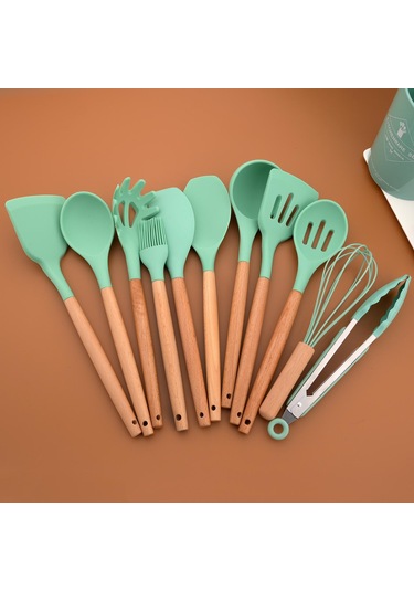 Yeşil Yeşil Silikon Mutfak Pişirme Gereçleri Seti Yapışmaz Tencere Spatula Kürek Yumurta Çırpıcı Ahşap Saplı Mutfak Alet Seti 4pcs Yeşil