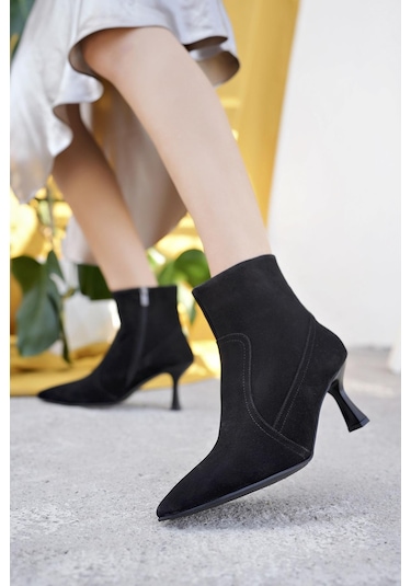 Muggo Natalie Garantili Hakiki Deri Sivri Burun Fermuarlı İnce Topuklu Kadın Bot 001