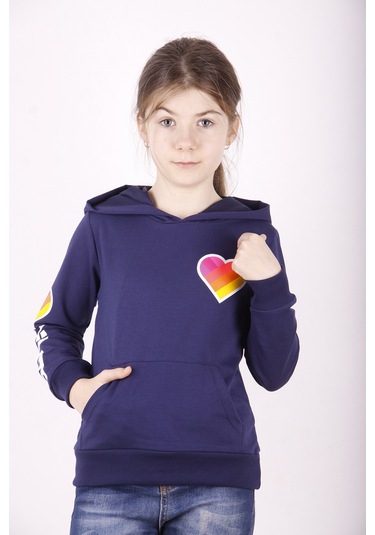 Toontoy Kız Çocuk Like Kalp Baskılı Kanguru Cepli Sweatshirt Lacivert