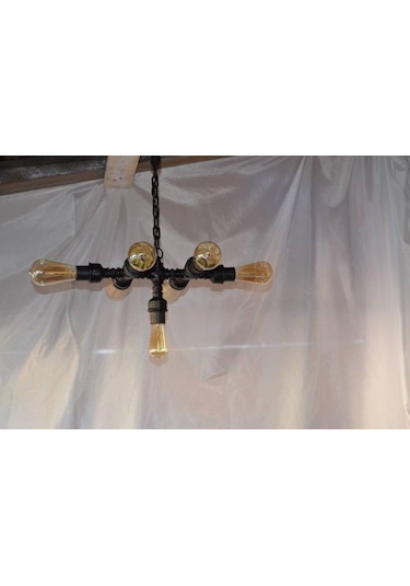 Demir Boru Tavan Lambası, Endüstriyel Malzeme Rustik Tavan Avize Siyah