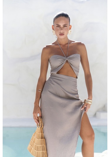 Mai Collection Abrossa Boyundan Bağcıklı Asimetrik Füme Keten Elbise Füme