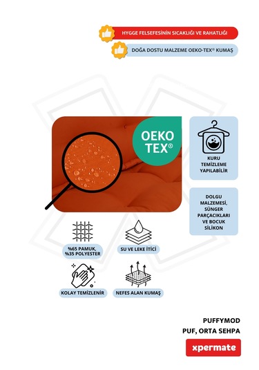 Xpermate Puffymod Dekoratif Kare Puf Orta Sehpa 40x40 Cm Kiremit