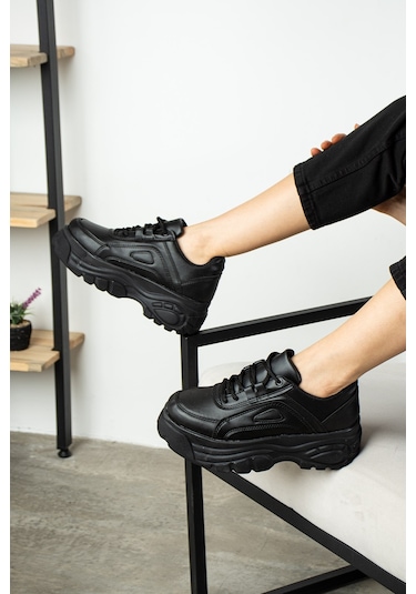 Günlük Kadın Spor Ayakkabı Yüksek Kalın Taban 6 Cm Suni Deri Sneaker 001 Siyah