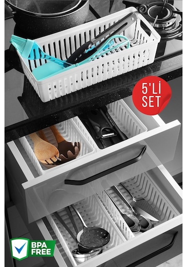 5 Adet Çekmece İçi Bıçaklık & Kaşıklık Organizer Beyaz