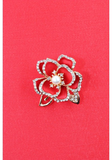 Sedef Çiçeği Broş. Yaka İğnesi Broş. Taşlı Tasarım Sedef Çiçeği Broş. Kadın Broş. Broş. Kırmızı - Altın