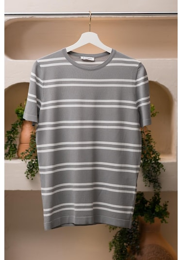 San&fa Bisiklet Yaka Çizgili Rayon Kumaş Slimfit T-shirt Gri