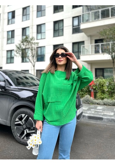 Kadın Yarasa Kol Aerobin Kumaş Bluz Yeşil