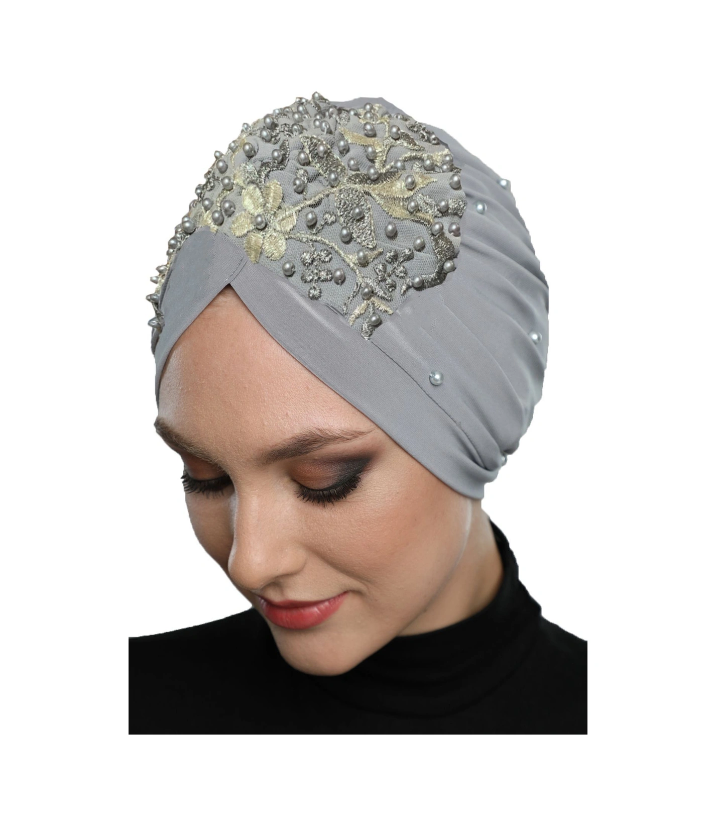 Kopma Astarlı İşlemeli Açık Gri Bej Dantel Motifli Hazır Türban Tesettür Abiye Bone Açık Gri-bej